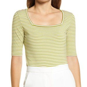 Halogen Square Neck Knit Top in Green and White Stripe (L)